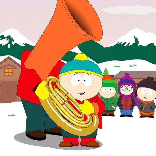 A comical scene set in the animated world of South Park, featuring Eric Cartman, a chubby young boy dressed in his iconic red jacket, yellow mittens, and blue hat, attempting to play a large brass tuba