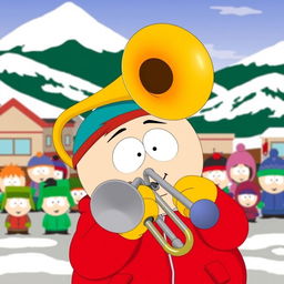 A humorous scene set in the animated world of South Park, featuring Eric Cartman, a chubby young boy wearing his signature red jacket, yellow mittens, and blue hat