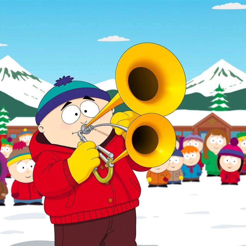 A humorous scene set in the animated world of South Park, featuring Eric Cartman, a chubby young boy wearing his signature red jacket, yellow mittens, and blue hat