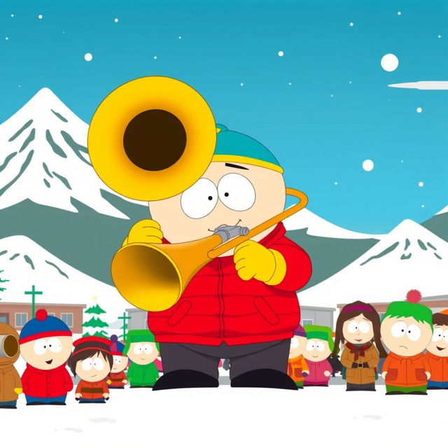 A humorous scene set in the animated world of South Park, featuring Eric Cartman, a chubby young boy wearing his signature red jacket, yellow mittens, and blue hat