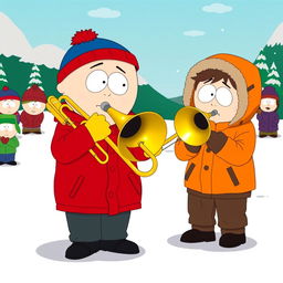 A funny scene set in the animated world of South Park, featuring Eric Cartman, a chubby young boy in his classic red jacket, yellow mittens, and blue hat, playing a large trombone