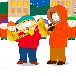 A funny scene set in the animated world of South Park, featuring Eric Cartman, a chubby young boy in his classic red jacket, yellow mittens, and blue hat, playing a large trombone