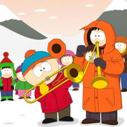 A funny scene set in the animated world of South Park, featuring Eric Cartman, a chubby young boy in his classic red jacket, yellow mittens, and blue hat, playing a large trombone