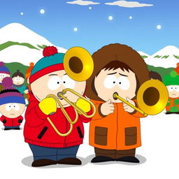 A funny scene set in the animated world of South Park, featuring Eric Cartman, a chubby young boy in his classic red jacket, yellow mittens, and blue hat, playing a large trombone