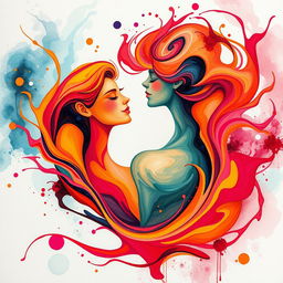 A lively and expressive abstract representation of sensuality and female empowerment, showcasing vibrant splashes of color symbolizing joy and freedom