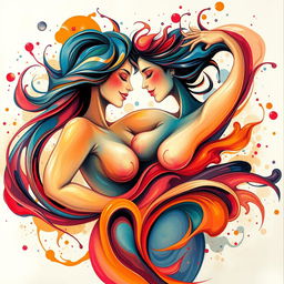 A lively and expressive abstract representation of sensuality and female empowerment, showcasing vibrant splashes of color symbolizing joy and freedom