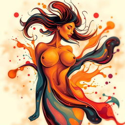 A lively and expressive abstract representation of sensuality and female empowerment, showcasing vibrant splashes of color symbolizing joy and freedom