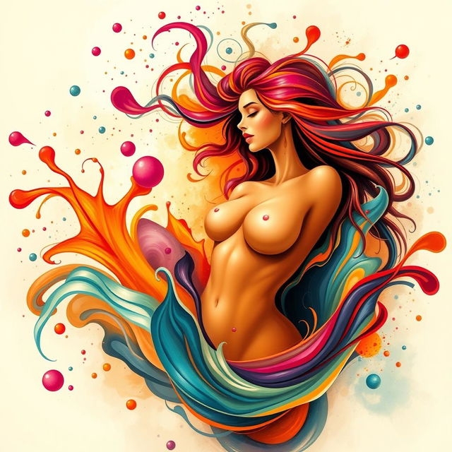 A lively and expressive abstract representation of sensuality and female empowerment, showcasing vibrant splashes of color symbolizing joy and freedom