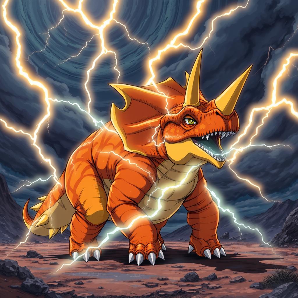 A fierce Triceratops with vibrant orange and yellow scales, showcasing its unique lightning abilities as electric arcs crackle around its horns and body