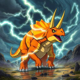 A fierce Triceratops with vibrant orange and yellow scales, showcasing its unique lightning abilities as electric arcs crackle around its horns and body