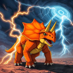 A fierce Triceratops with vibrant orange and yellow scales, showcasing its unique lightning abilities as electric arcs crackle around its horns and body