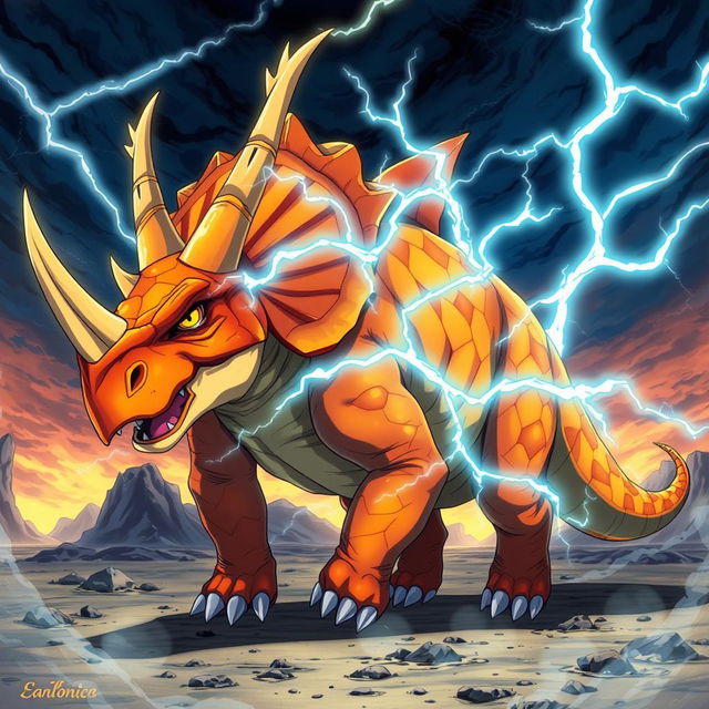 A fierce Triceratops with vibrant orange and yellow scales, showcasing its unique lightning abilities as electric arcs crackle around its horns and body