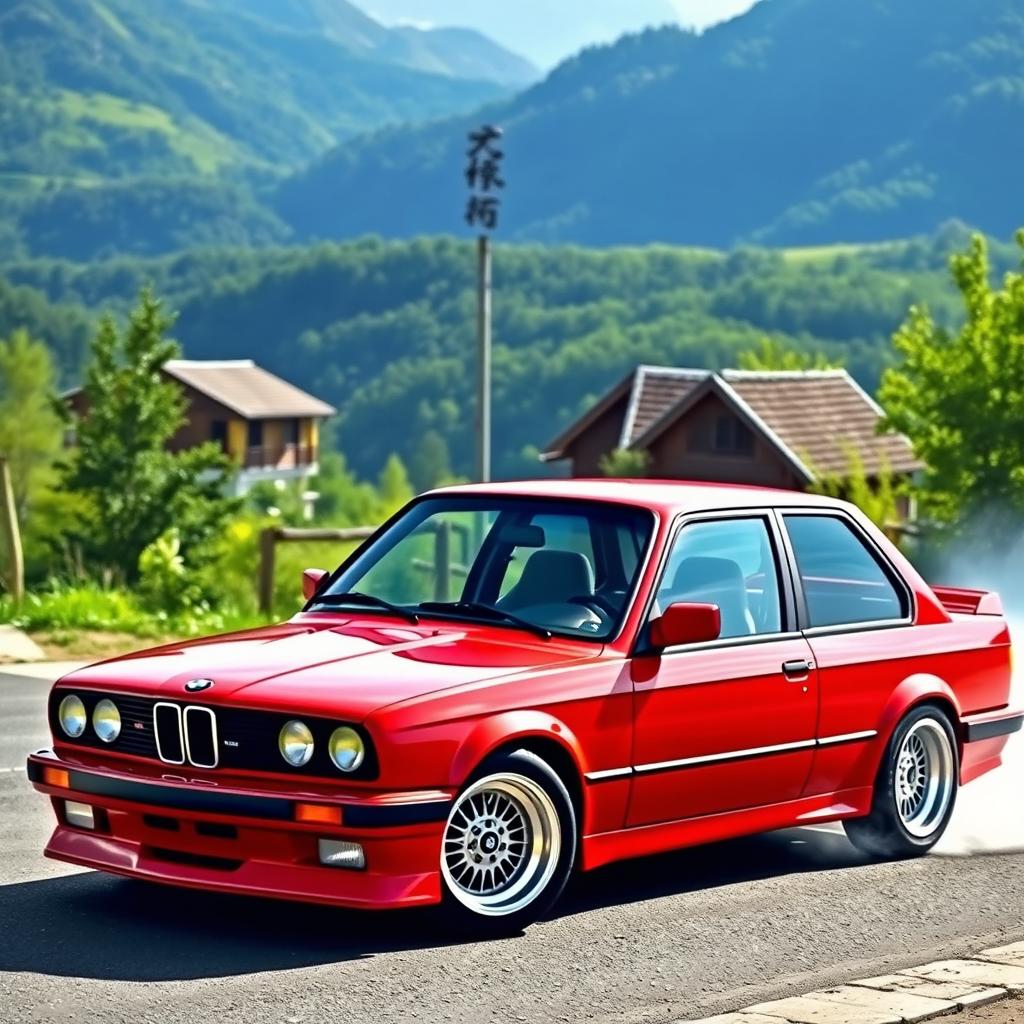 A sporty four-door red BMW E30 with a super shiny body, meticulously prepared for drifting