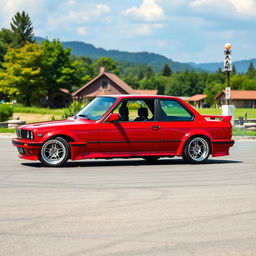 A sporty four-door red BMW E30 with a super shiny body, meticulously prepared for drifting