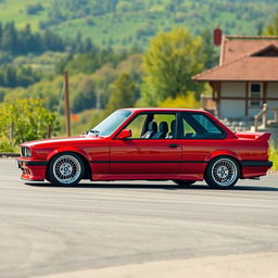 A sporty four-door red BMW E30 with a super shiny body, meticulously prepared for drifting