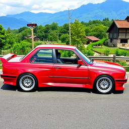 A sporty four-door red BMW E30 with a super shiny body, meticulously prepared for drifting