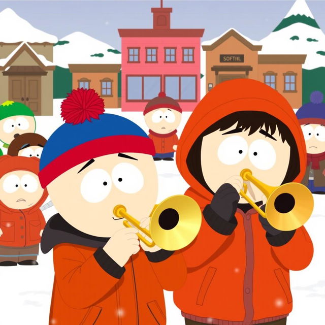 A lively scene set in the animated world of South Park, featuring Stan Marsh, a young boy wearing a blue hat with a red puffball and a brown jacket, alongside Kenny McCormick, who is in his signature orange parka with the hood up, playing trombones together