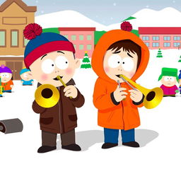 A lively scene set in the animated world of South Park, featuring Stan Marsh, a young boy wearing a blue hat with a red puffball and a brown jacket, alongside Kenny McCormick, who is in his signature orange parka with the hood up, playing trombones together