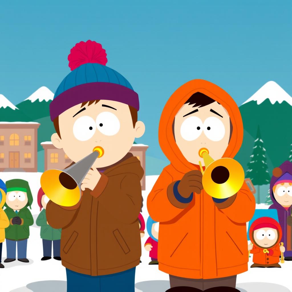 A lively scene set in the animated world of South Park, featuring Stan Marsh, a young boy wearing a blue hat with a red puffball and a brown jacket, alongside Kenny McCormick, who is in his signature orange parka with the hood up, playing trombones together