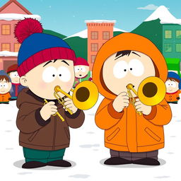 A lively scene set in the animated world of South Park, featuring Stan Marsh, a young boy wearing a blue hat with a red puffball and a brown jacket, alongside Kenny McCormick, who is in his signature orange parka with the hood up, playing trombones together