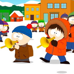 A lively and comical scene set in the animated world of South Park, featuring Stan Marsh, a young boy with a blue hat and red puffball, wearing a brown jacket, alongside Kenny McCormick, who is dressed in his recognizable orange parka with the hood covering most of his face