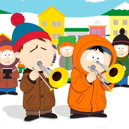 A lively and comical scene set in the animated world of South Park, featuring Stan Marsh, a young boy with a blue hat and red puffball, wearing a brown jacket, alongside Kenny McCormick, who is dressed in his recognizable orange parka with the hood covering most of his face