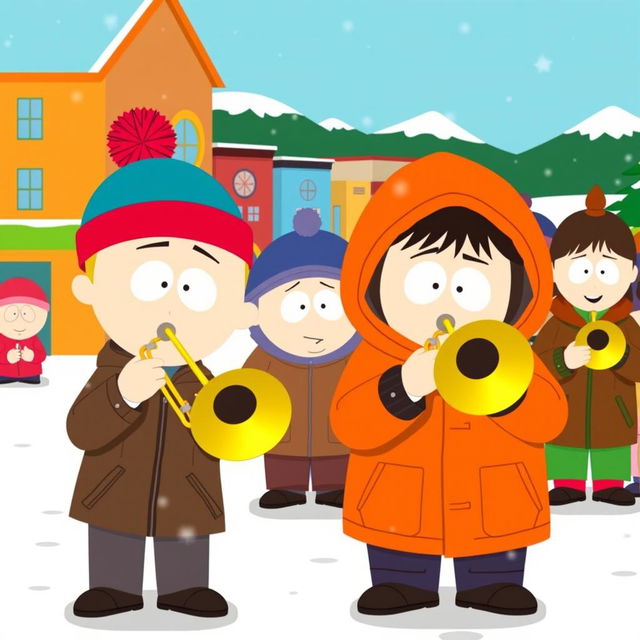 A lively and comical scene set in the animated world of South Park, featuring Stan Marsh, a young boy with a blue hat and red puffball, wearing a brown jacket, alongside Kenny McCormick, who is dressed in his recognizable orange parka with the hood covering most of his face