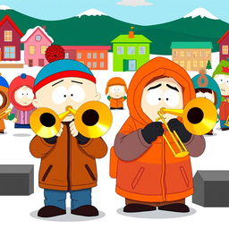 A lively and comical scene set in the animated world of South Park, featuring Stan Marsh, a young boy with a blue hat and red puffball, wearing a brown jacket, alongside Kenny McCormick, who is dressed in his recognizable orange parka with the hood covering most of his face