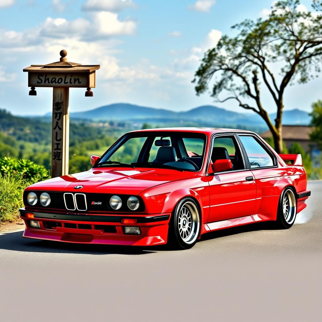 A sporty four-door red BMW E30 with a super shiny body, expertly prepared for drifting