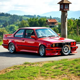 A sporty four-door red BMW E30 with a super shiny body, expertly prepared for drifting
