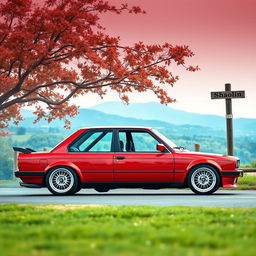 A sporty four-door red BMW E30 with a super shiny body, expertly prepared for drifting