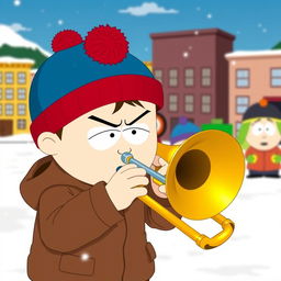 A dynamic scene set in the animated world of South Park, showcasing Stan Marsh, a young boy with a blue hat featuring a red puffball, wearing a brown jacket, intensely playing a trombone