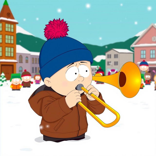 A dynamic scene set in the animated world of South Park, showcasing Stan Marsh, a young boy with a blue hat featuring a red puffball, wearing a brown jacket, intensely playing a trombone