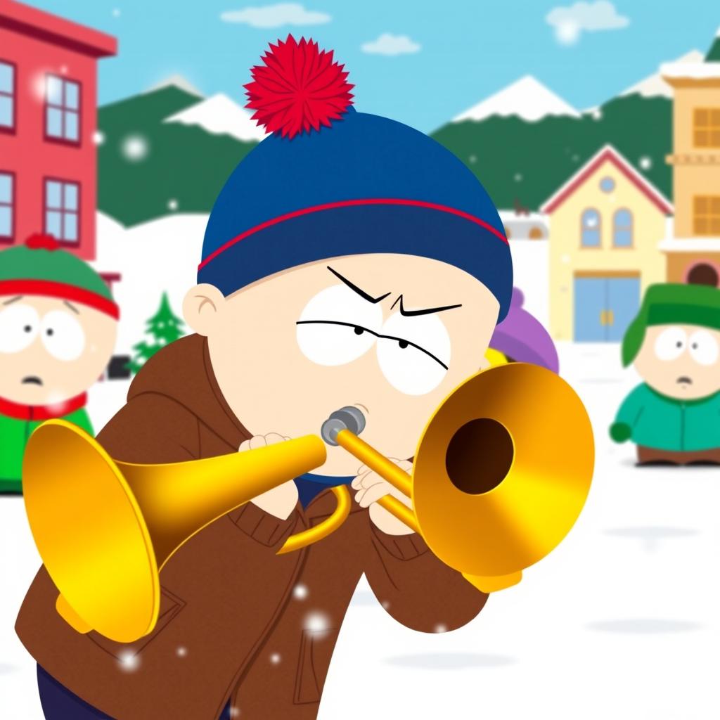 A dynamic scene set in the animated world of South Park, showcasing Stan Marsh, a young boy with a blue hat featuring a red puffball, wearing a brown jacket, intensely playing a trombone