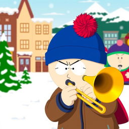 A dynamic scene set in the animated world of South Park, showcasing Stan Marsh, a young boy with a blue hat featuring a red puffball, wearing a brown jacket, intensely playing a trombone