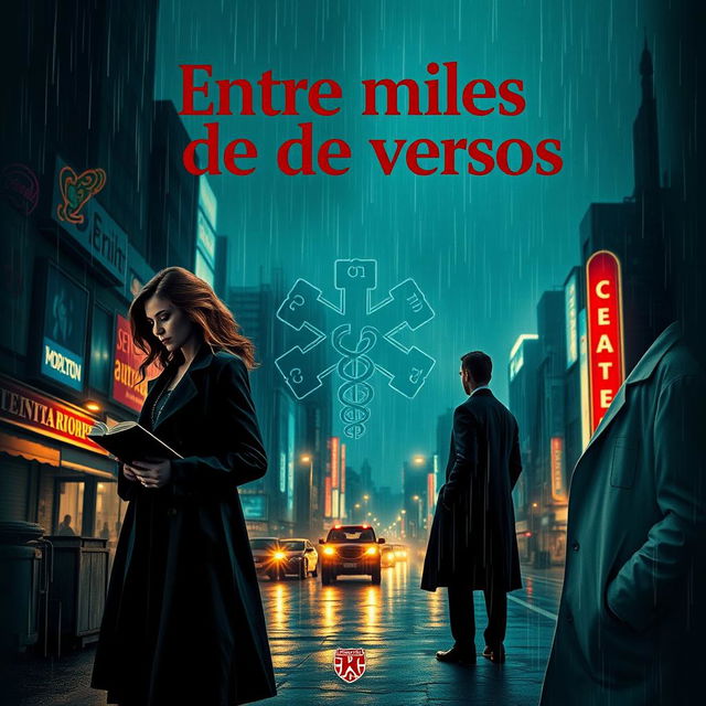 A captivating book cover design featuring a mysterious woman in a long coat standing in the foreground, holding a notebook