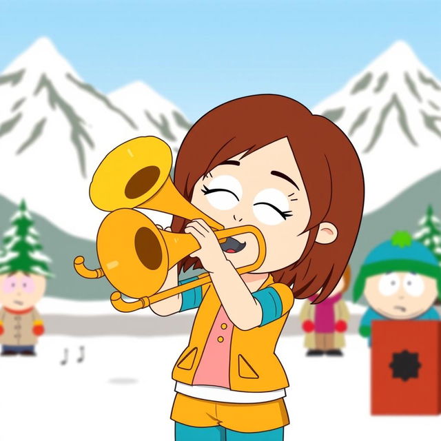 A cartoon character inspired by South Park style, resembling a girl named Heidi, energetically playing a trombone