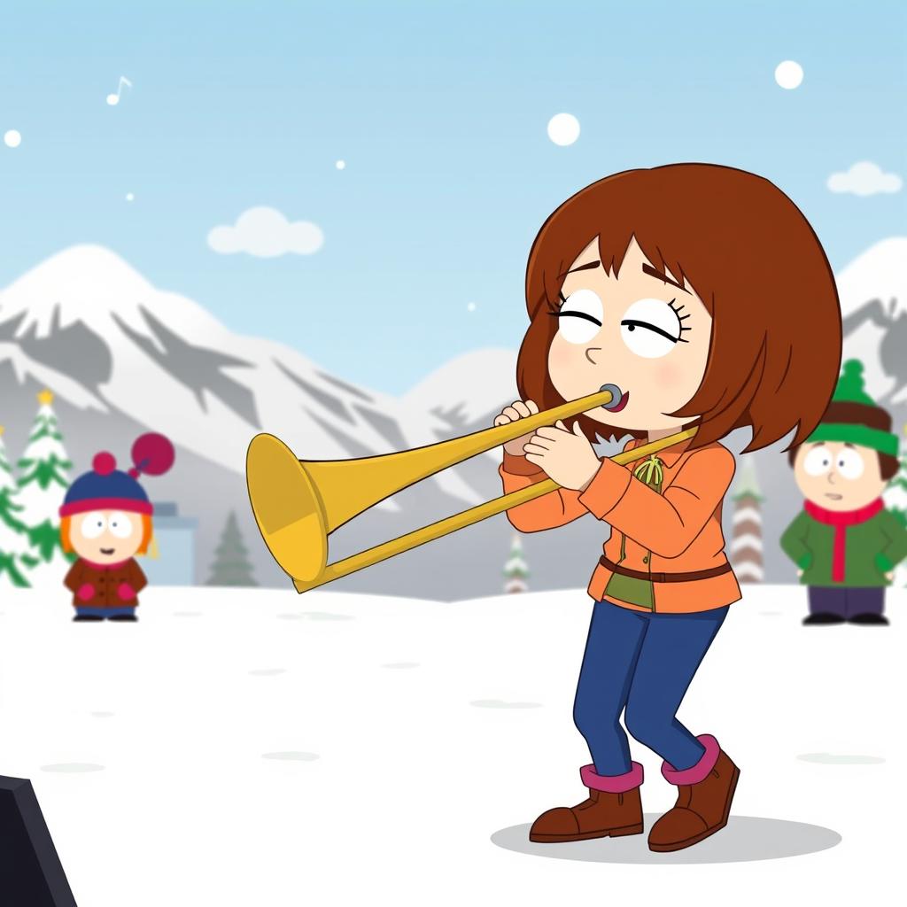 A cartoon character inspired by South Park style, resembling a girl named Heidi, energetically playing a trombone