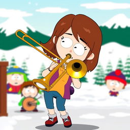 A cartoon character inspired by South Park style, resembling a girl named Heidi, energetically playing a trombone