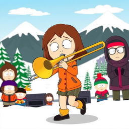 A cartoon character inspired by South Park style, resembling a girl named Heidi, energetically playing a trombone