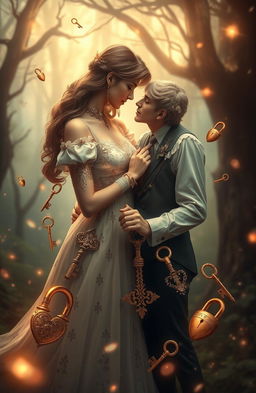 A captivating fantasy scene depicting two characters symbolically representing love and commitment, surrounded by intricate locks and keys