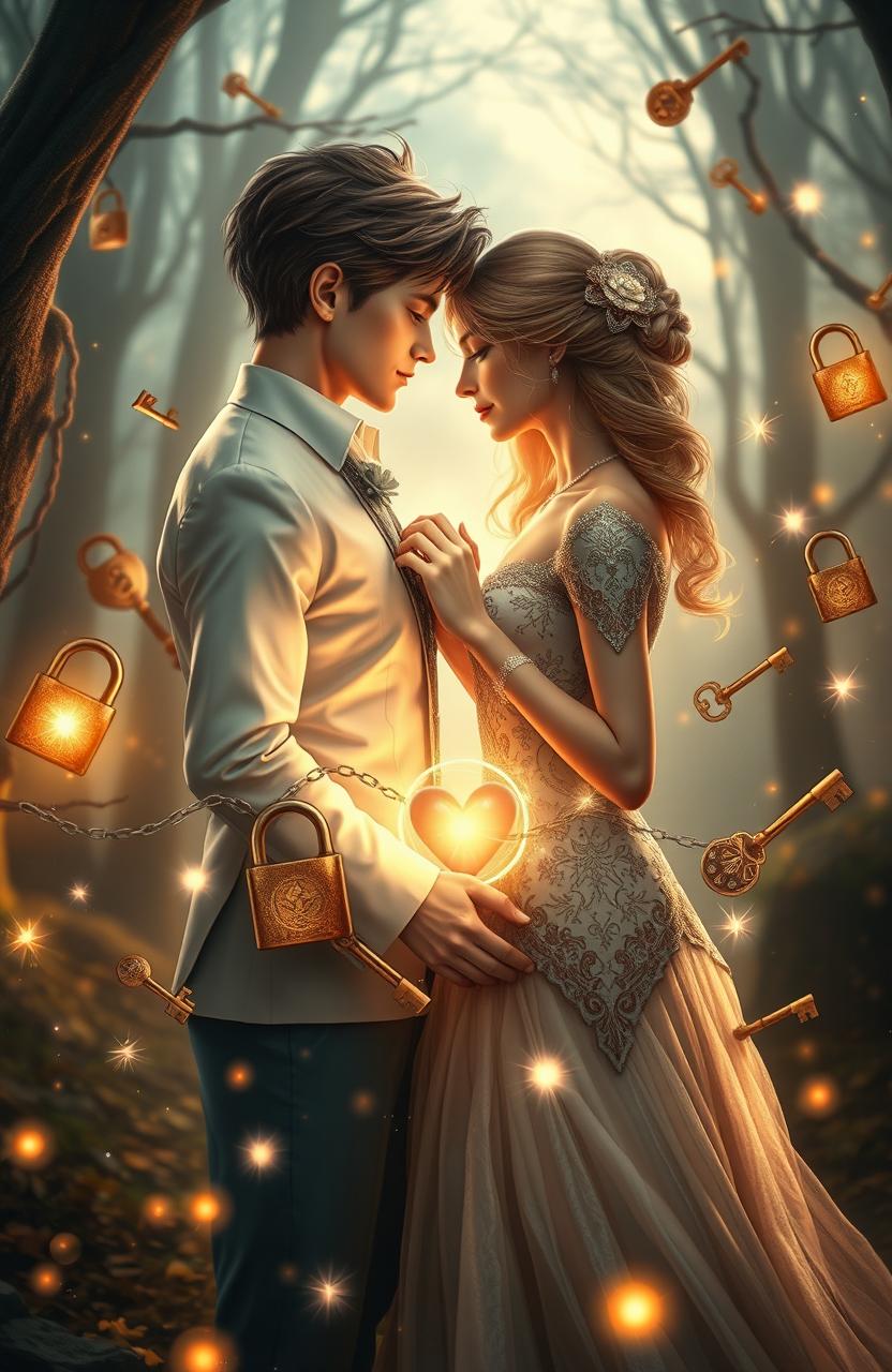 A captivating fantasy scene depicting two characters symbolically representing love and commitment, surrounded by intricate locks and keys