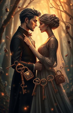 A captivating fantasy scene depicting two characters symbolically representing love and commitment, surrounded by intricate locks and keys