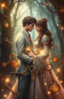 A captivating fantasy scene depicting two characters symbolically representing love and commitment, surrounded by intricate locks and keys