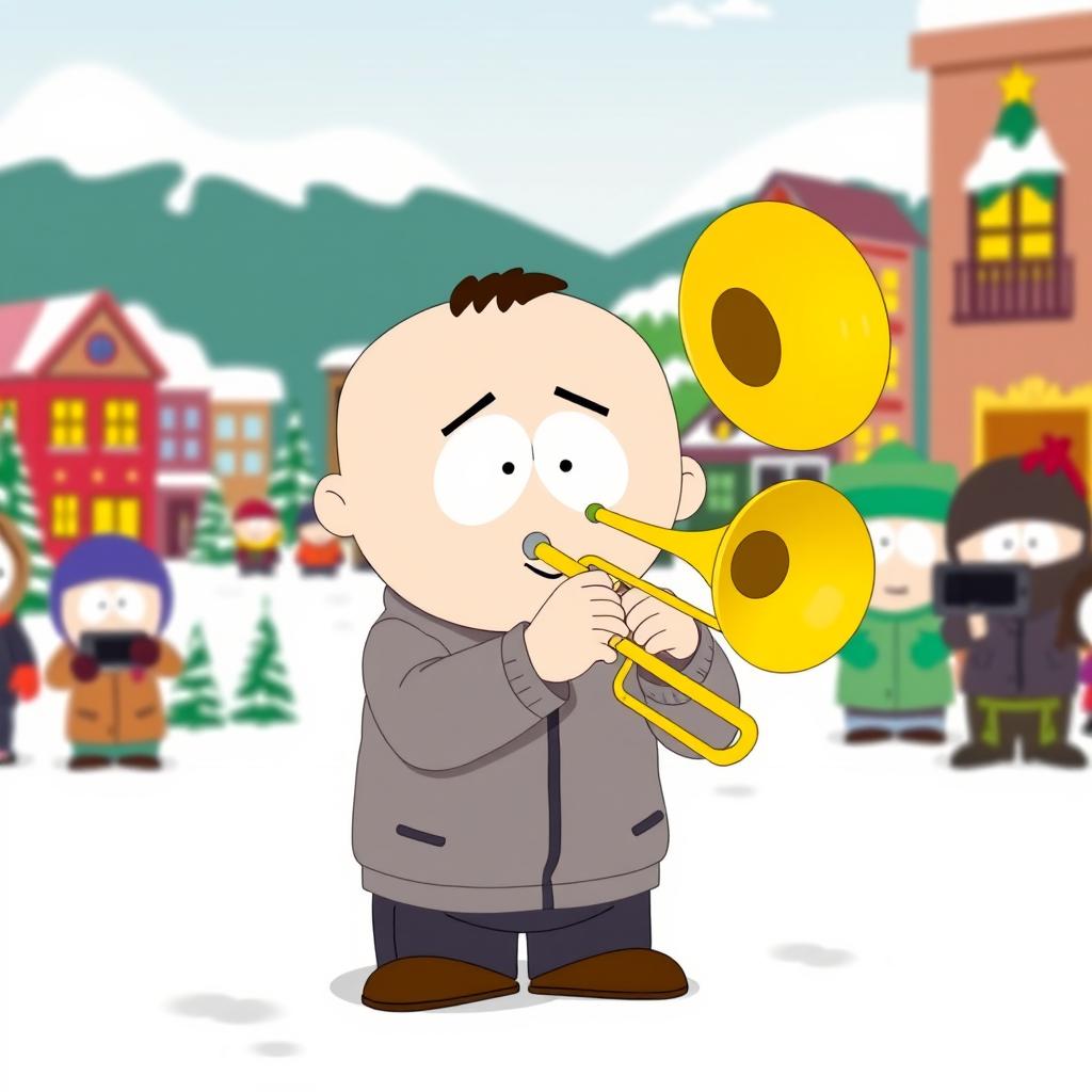 A cartoon character in the distinctive South Park style, playing a bright yellow trombone