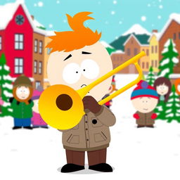 A cartoon character in the distinctive South Park style, playing a bright yellow trombone