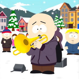 A cartoon character in the distinctive South Park style, playing a bright yellow trombone