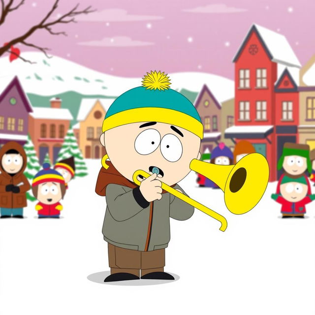 A cartoon character in the distinctive South Park style, playing a bright yellow trombone