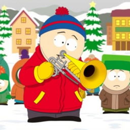 A cartoon character resembling Eric Cartman from South Park, confidently playing a trombone