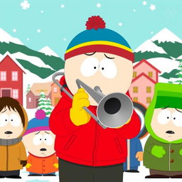 A cartoon character resembling Eric Cartman from South Park, confidently playing a trombone